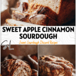 Freshly baked apple cinnamon pear sourdough loaf topped with sugar glaze on a rustic cloth.